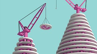 Grafik, zwei pinke Kräne heben eine runde Plattform im Design einer Münze über zwei spiralförmigen Gebäuden. Die Gebäude sind gestapelt und haben eine helle Farbgebung.