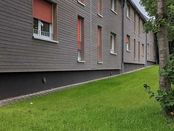 Foto, Außenansicht eines Mehrfamilienhauses. Im Vordergrund befindet sich eine Wiese und ein Baum.