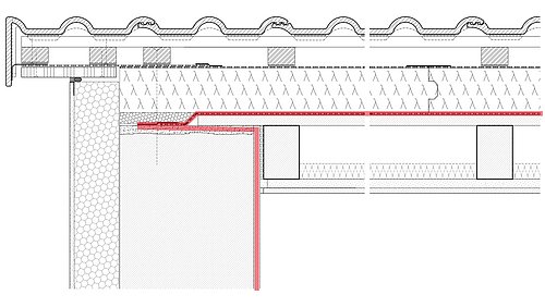 Grafik, schwarz-weiße technische Zeichnung zeigt den Anschluss der Luftdichtheitsbahn auf dem Glattstrich der Mauerwerkskrone mit hervorgehobener roter Linie.