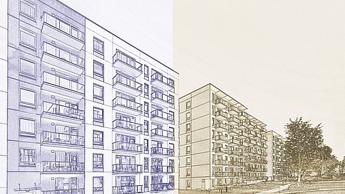 Foto, mehrere mehrstöckige Wohngebäude mit Balkonen, umgeben von Bäumen und einem Gehweg.