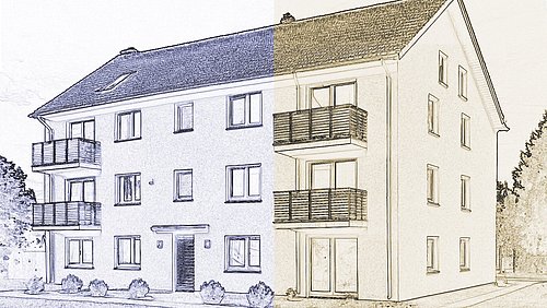 Foto, dreistöckiges Wohngebäude mit Satteldach, Balkonen an der linken Seite, halb als blau-schwarze Linienzeichnung, halb als braun-beige Zeichnung.