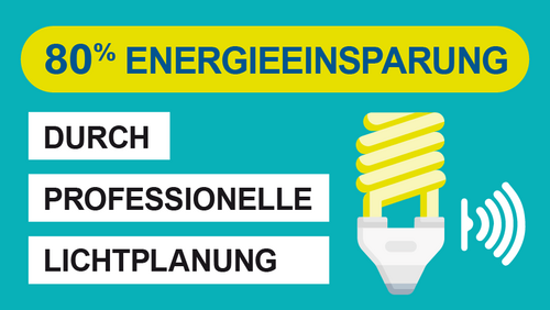 Grafik, eine Glühbühne sowie Text "80% Energieeinsparung durch professionelle Lichtplanung".
