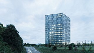 Foto, eine Straße mit Begrünung zu beiden Seiten. Rechts von der Straße befindet sich ein Hochaus mit Glasfassade.