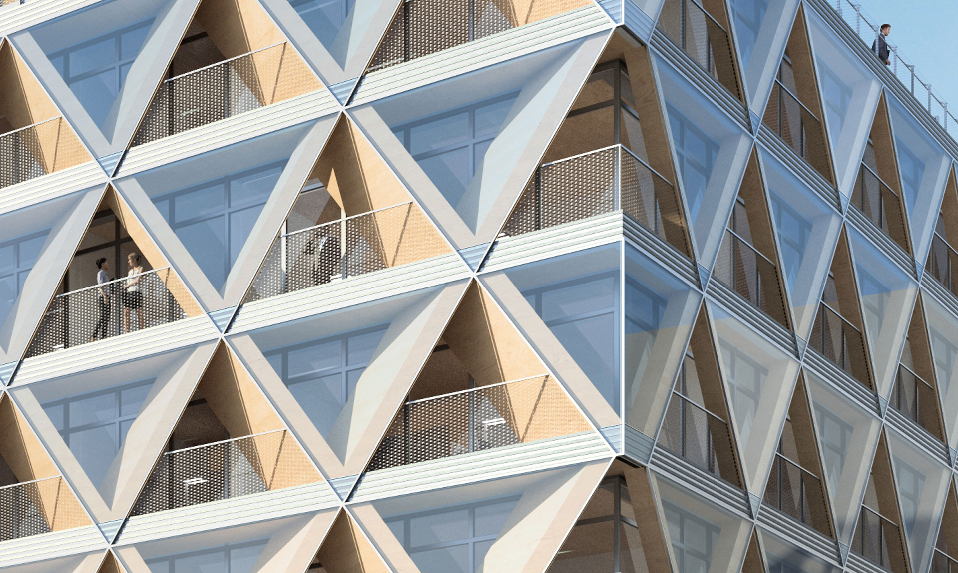 Grafik, Ausschnitt einer Fassade mit Fenstern und Balkonen in dreieckiger, geometrischer Anordnung.