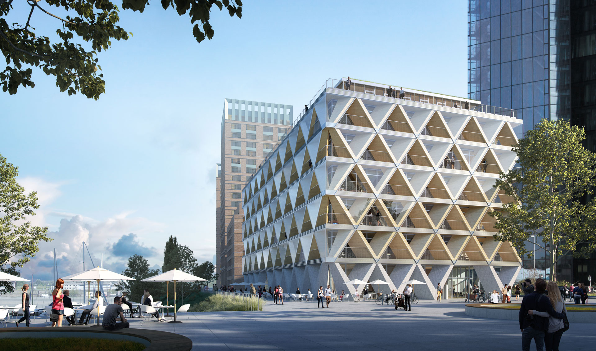 Grafik, Simulation eines modernen, quadratischen Gebäudes mit Fassade aus geometrischen Elementen. 