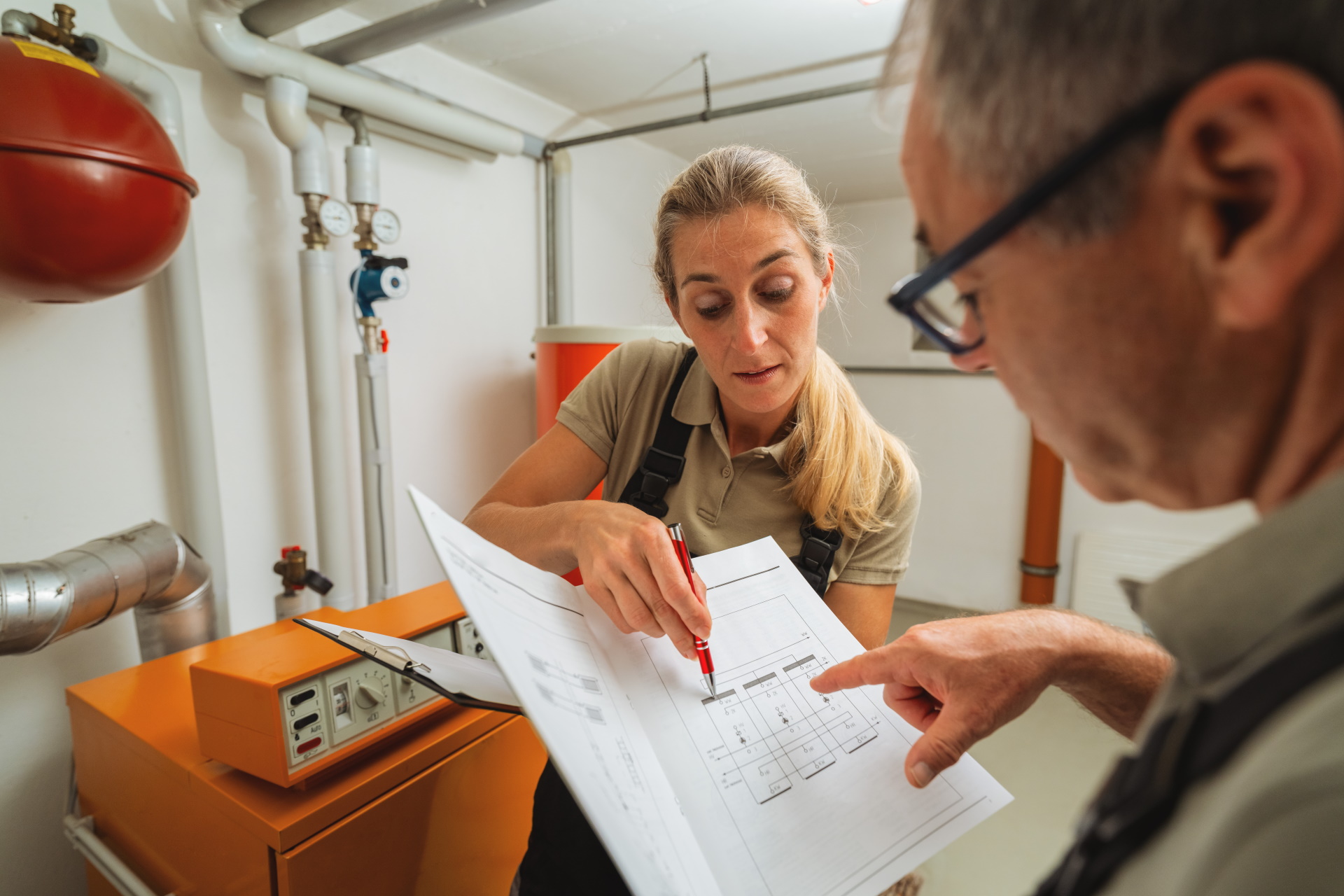 Foto, eine Monteurin und ein Monteur stehen in einem Heizungskeller und schauen gemeinsam auf ein technisches Dokument.