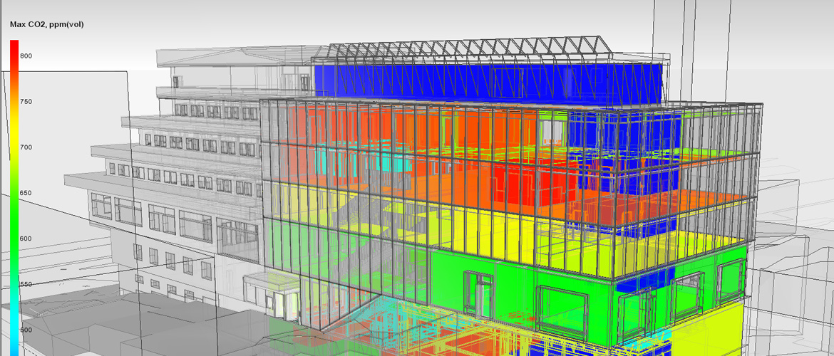 Grafik, Computer-Visualisierung der Simulation des CO2-Gehalts der Gebäudezonen und Innenräume.