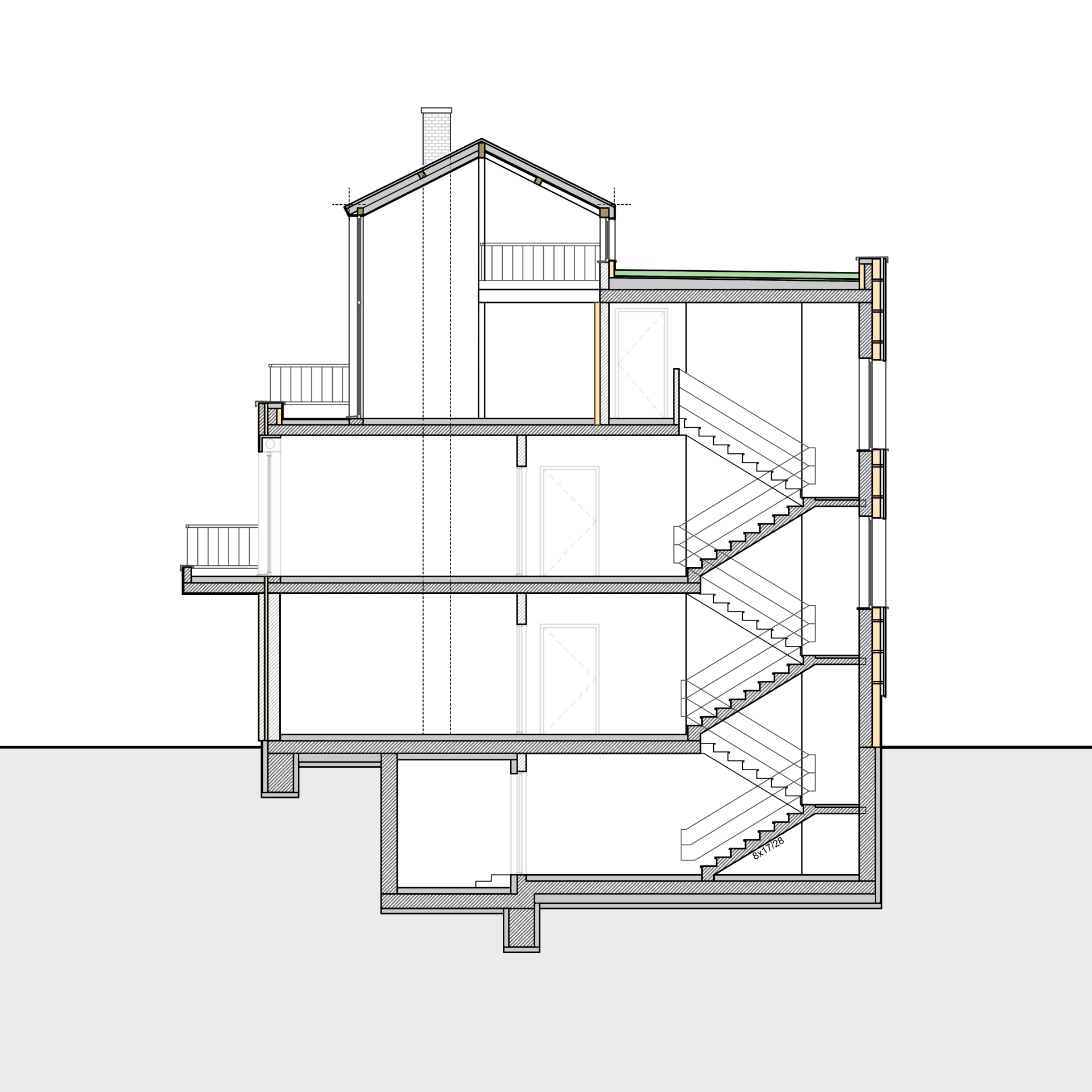 Grafik, Schnitt durch ein Gebäude mit Hervorhebung der Anwendungsgebiete verschiedener Dämmstoffe.