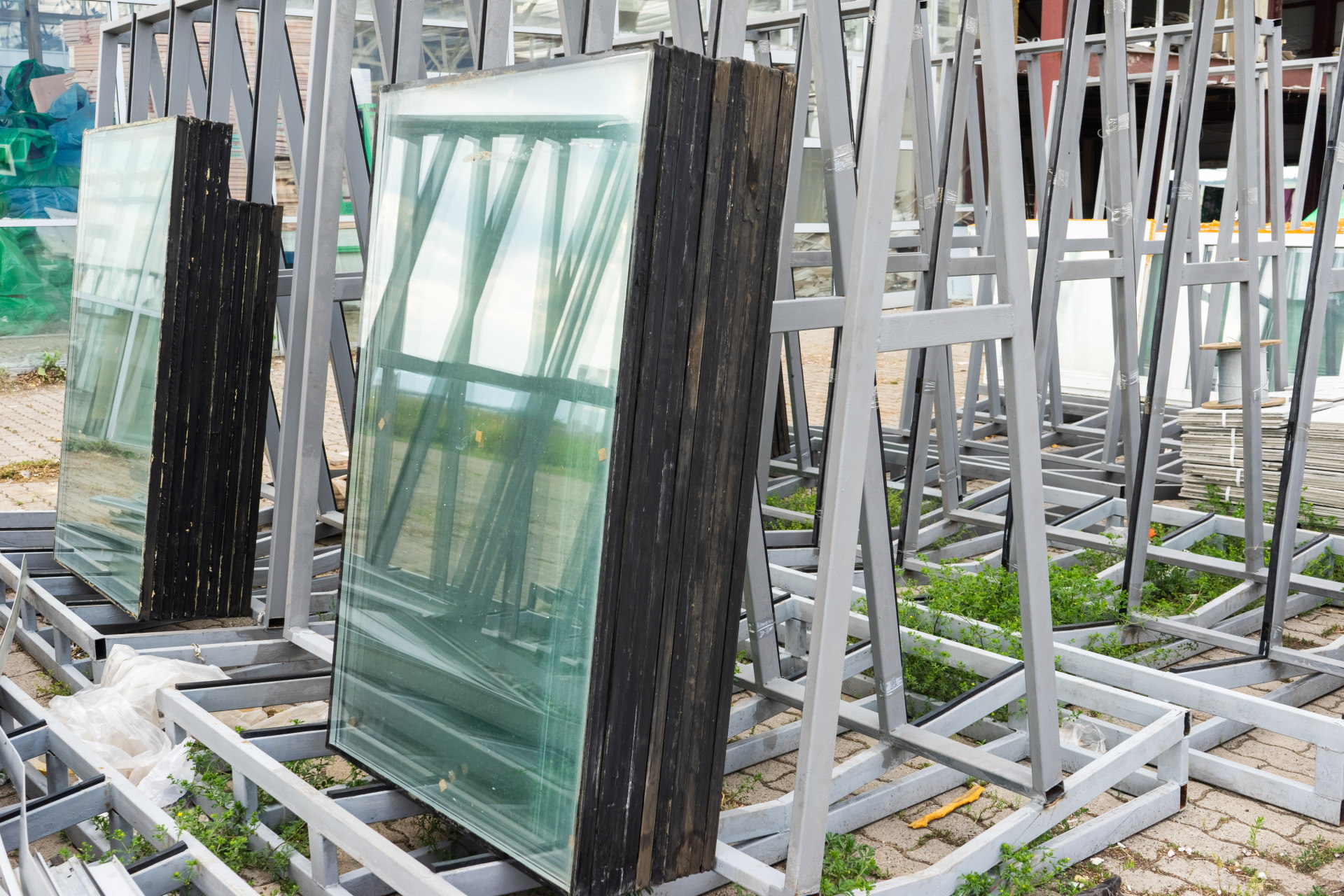 Foto, aus einem Gebäude ausgebaute Glasscheiben stehen auf einem Gestell.